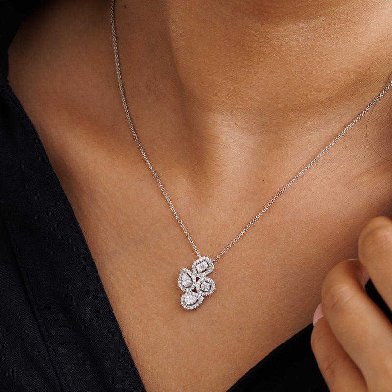 PRISM Bloom necklet pendant on neckline: halo stones on silver-toned chain