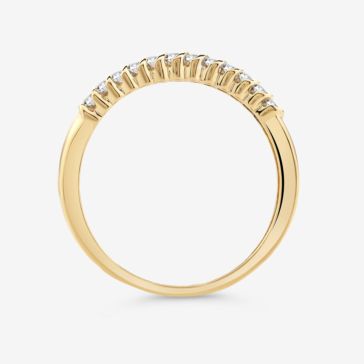 Spiral groove band ring with smooth gold-toned shank and white stones along the top edge