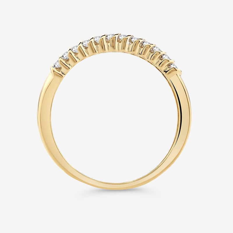 Spiral groove band ring with smooth gold-toned shank and white stones along the top edge