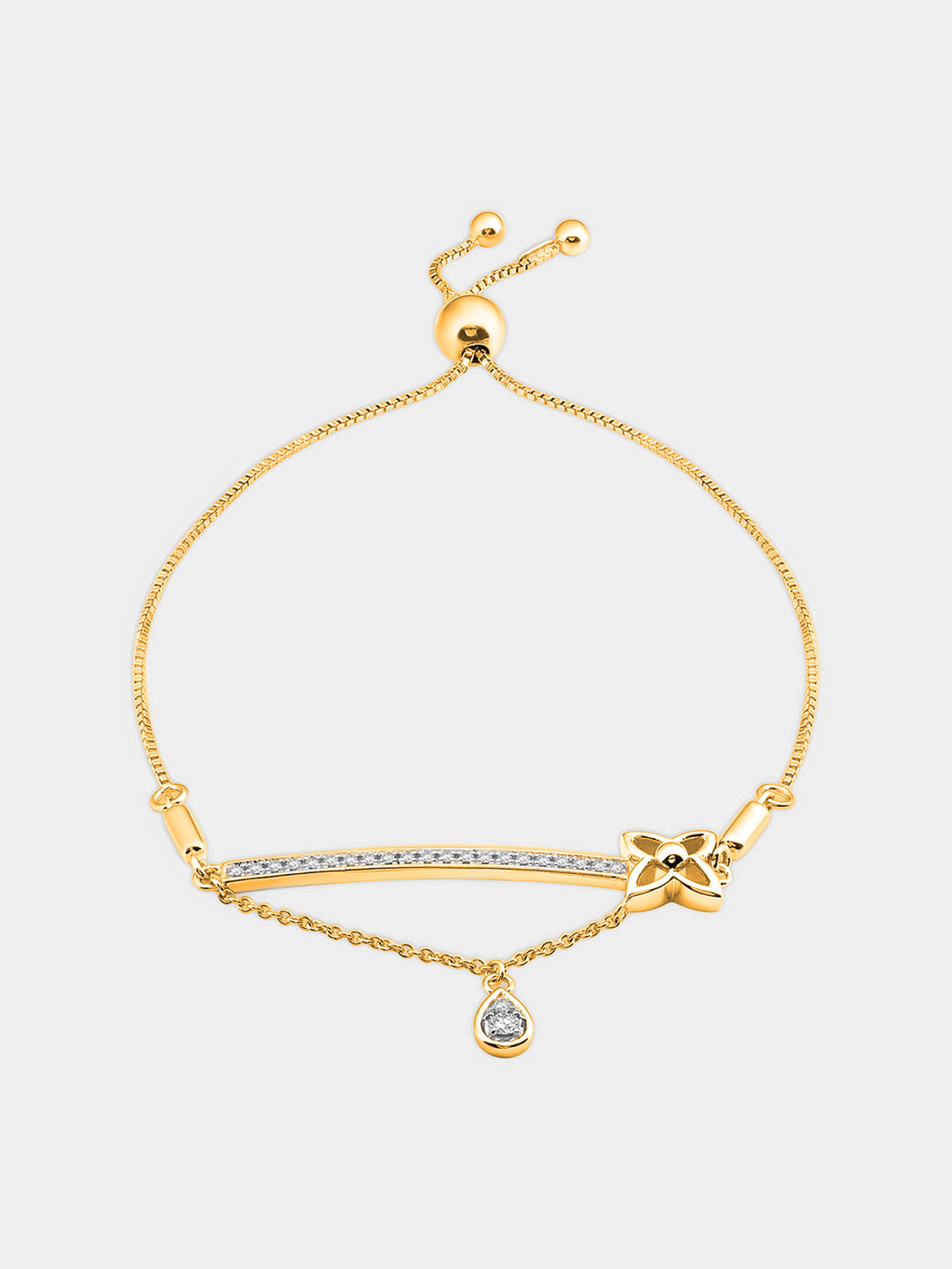 Keemti Jewels' Dangle Bloom Bolo Bracelet: gold chain, dainty motifs, flower charm, and teardrop gem.