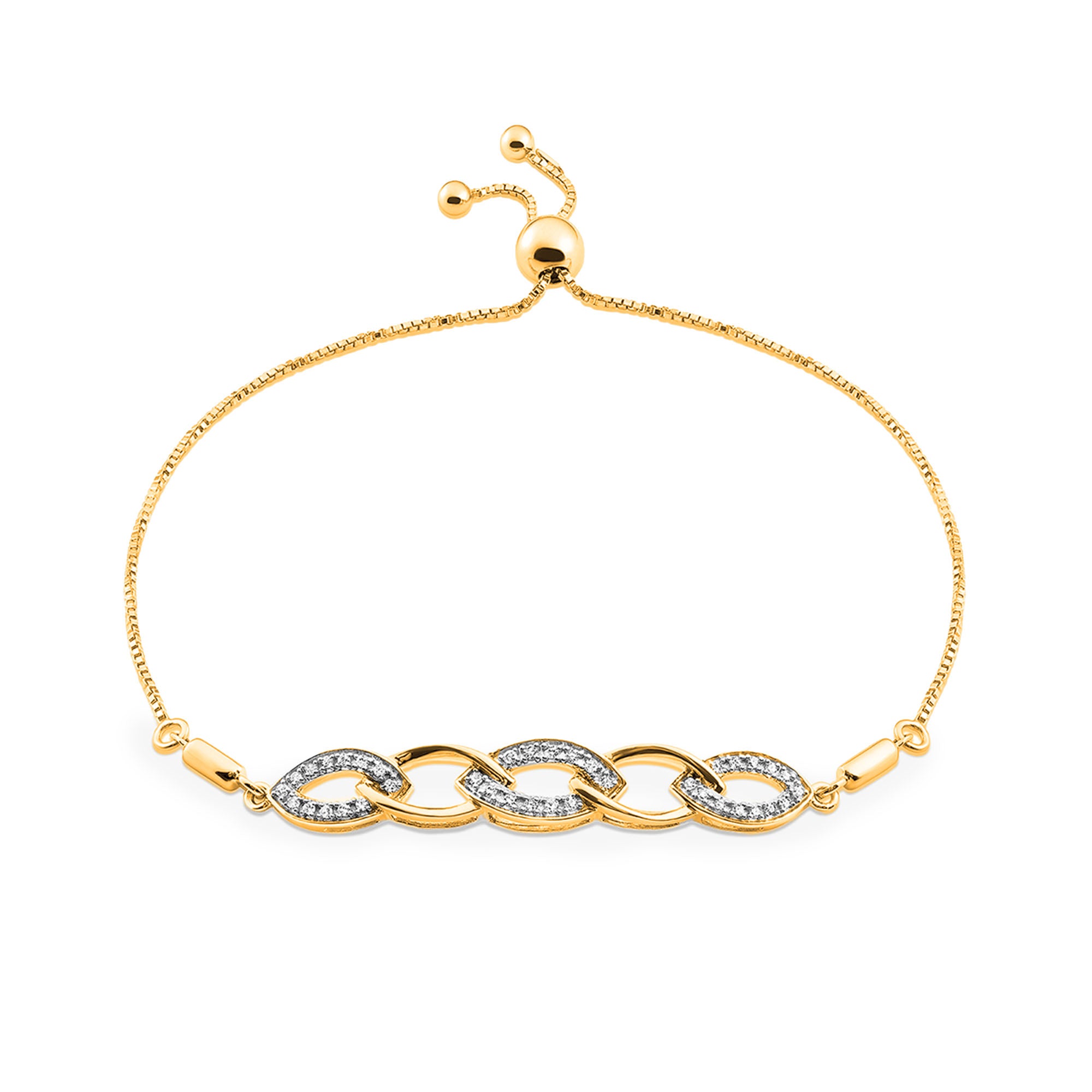 Two-tone interlinked bolo bracelet in sterling silver 925, pavé oval links