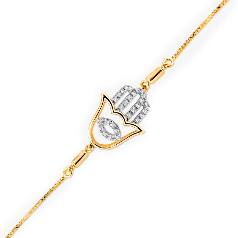 Keemti Jewels' Hamsa Bolo Bracelet in gold features lab-grown diamonds and a central eye symbol.