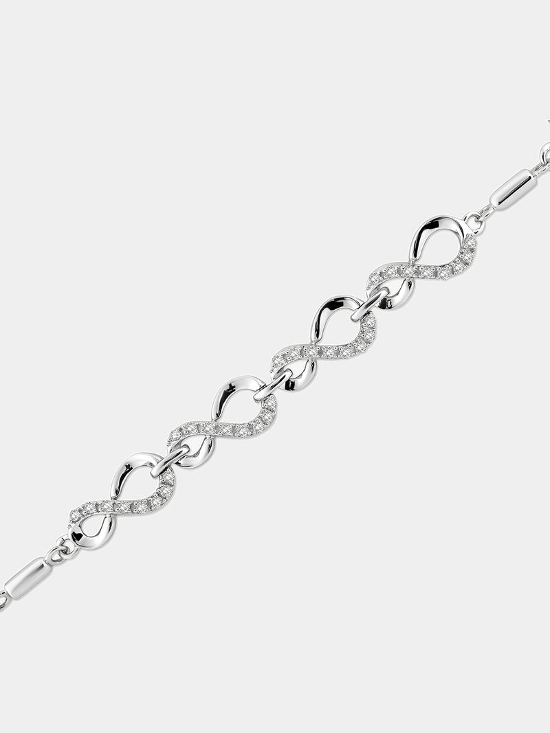 Infinity link bolo bracelet in silver-tone with pave-style stones and round slider charm