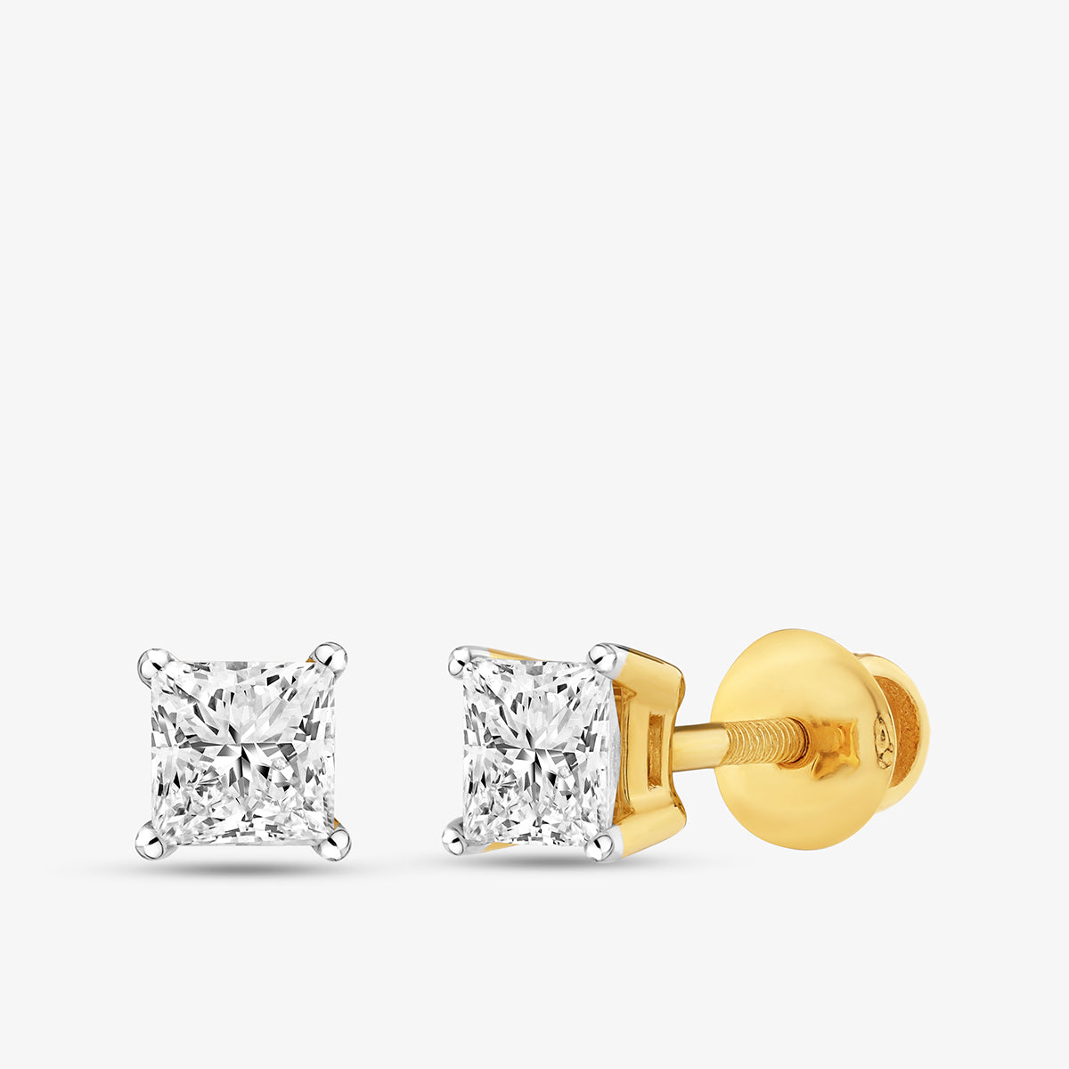 SQUARELUMIN Solitaire Stud Earrings by Keemti Jewels: gold, square, clear gems set in polished prongs.