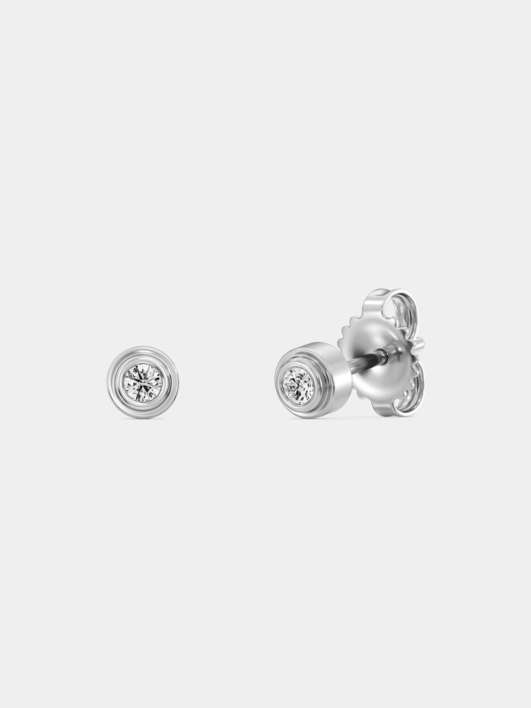 Keemti Jewels Classic Everyday Shine Stud Earrings: round studs with bezel-set gems, shown front and side on white.
