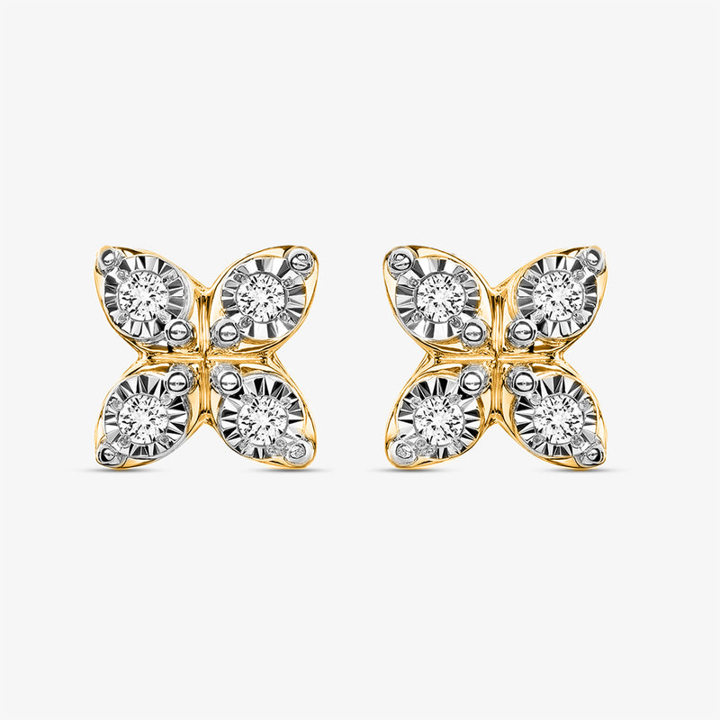 Keemti Jewels' Clover Spark Stud Earrings: gold butterfly studs with four diamonds, shining on a white background.