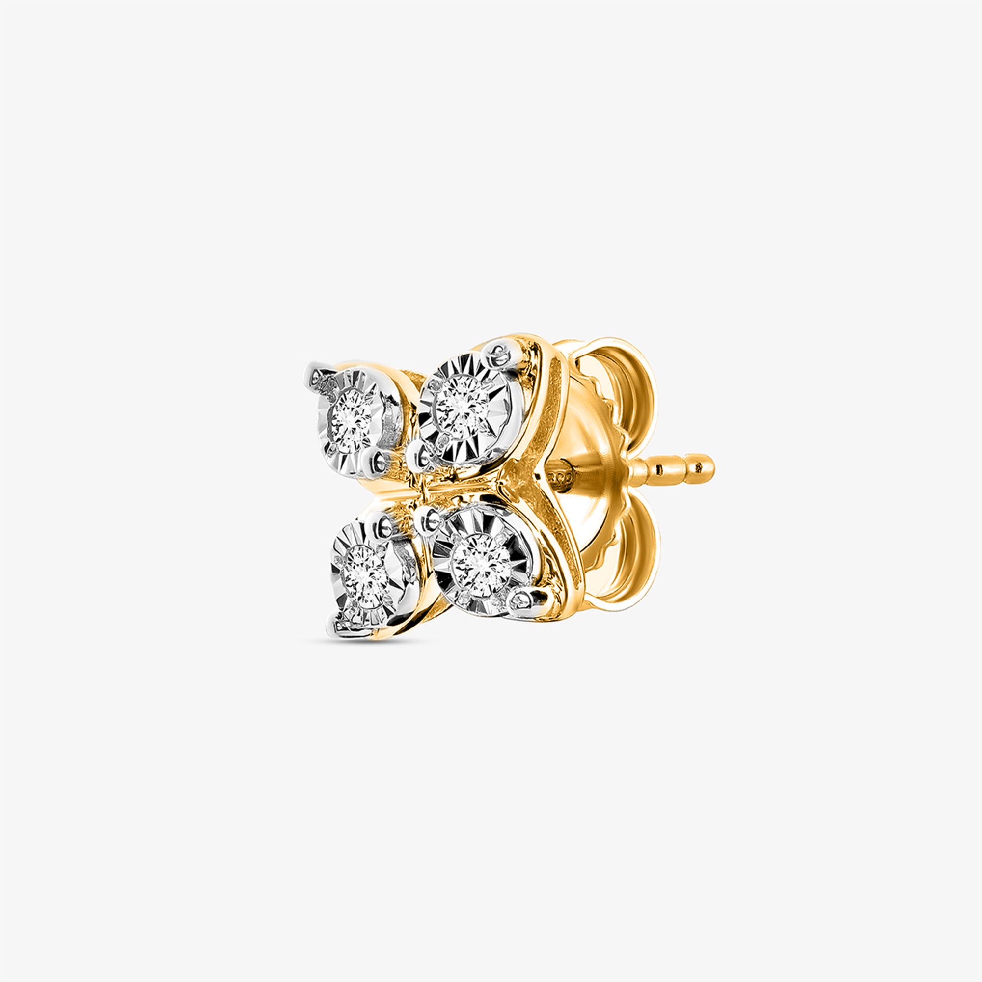 Keemti Jewels' Clover Spark Stud Earrings: festive gold four-petal studs with four round diamonds.