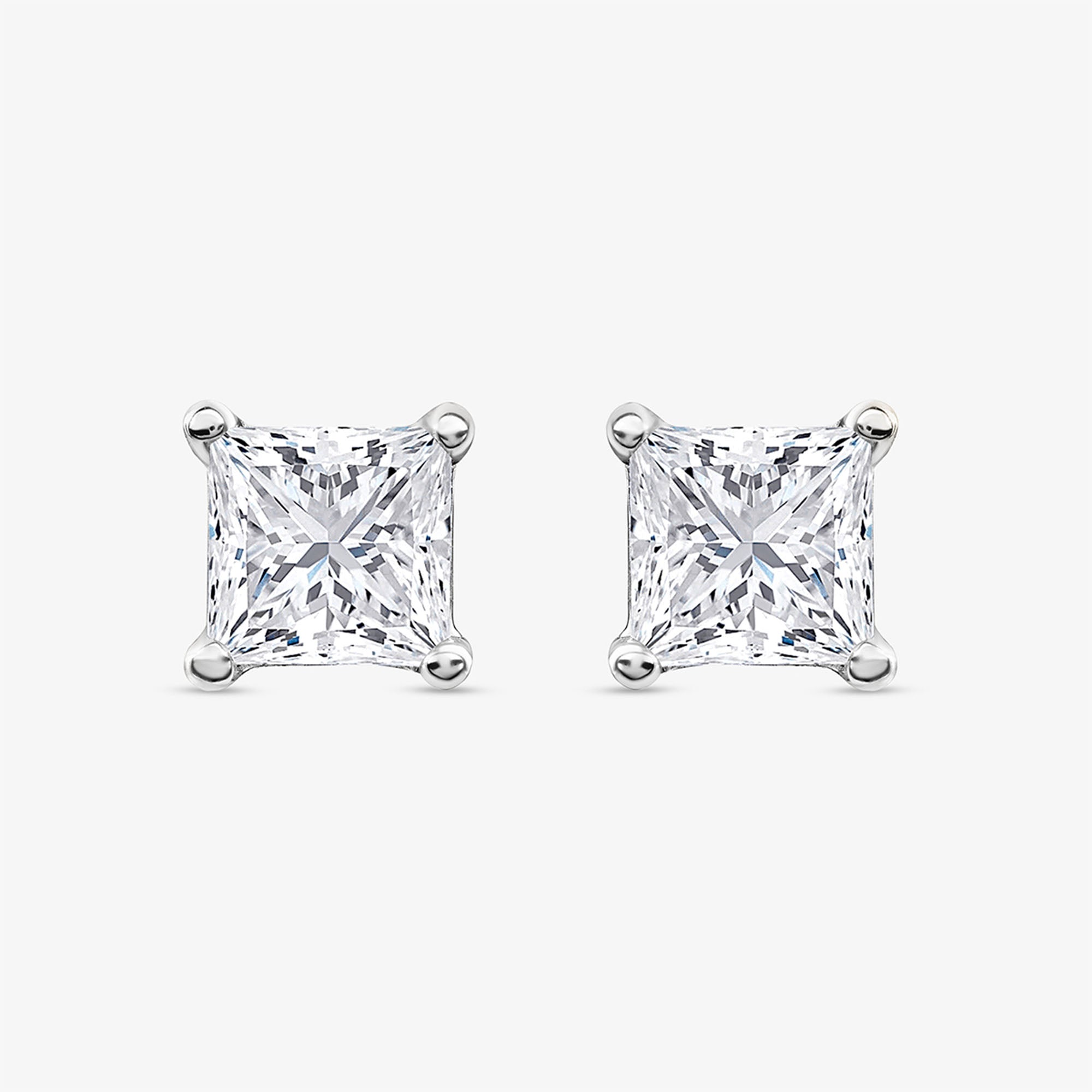 Square diamond stud earrings, 925 silver, 0.75 ct, cushion-cut square setting