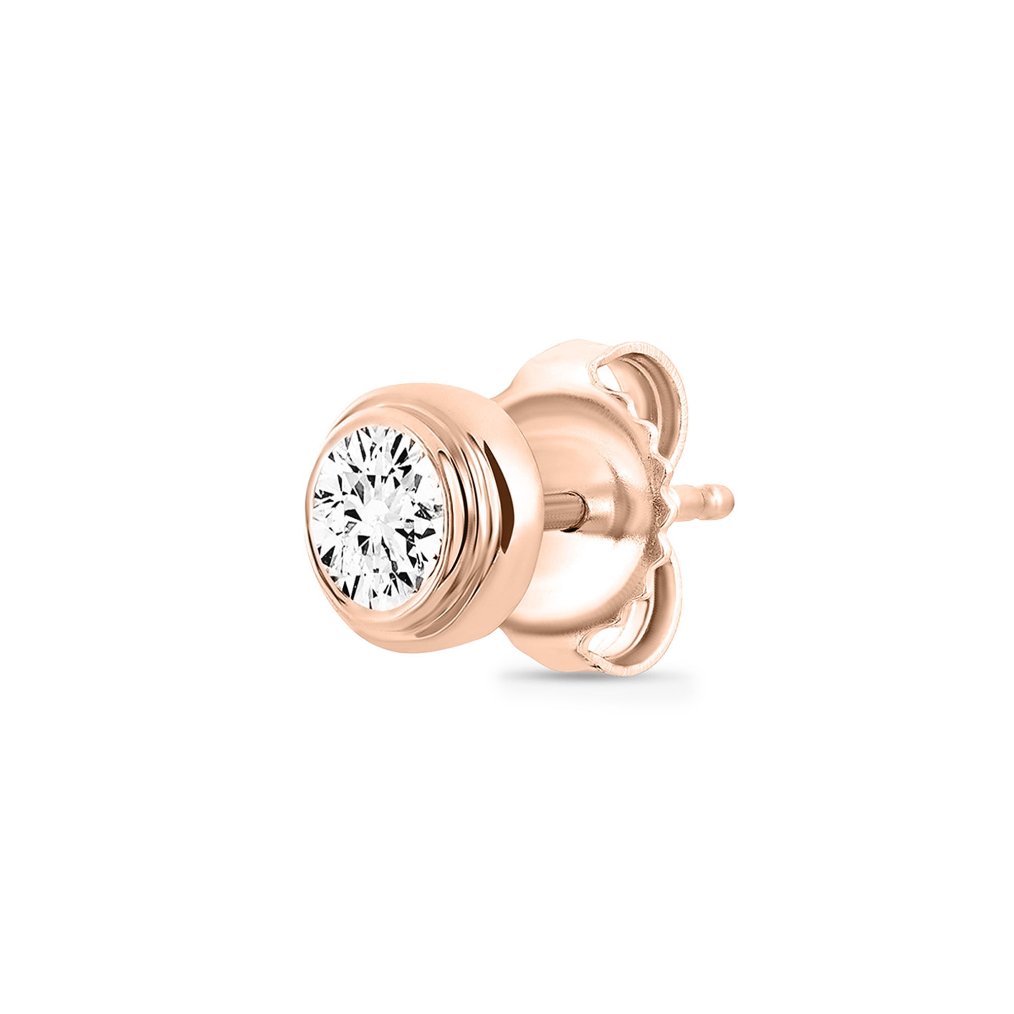 Keemti Jewels' Classic Bezel Stud Earrings: a single rose gold diamond stud, ideal for modern minimalism lovers.