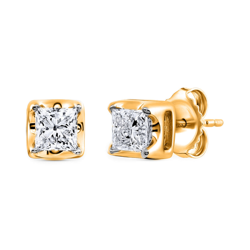 Keemti Jewels Modern Luxe Cube Stud Earrings with square-cut clear stones in four-prong settings, on white background.