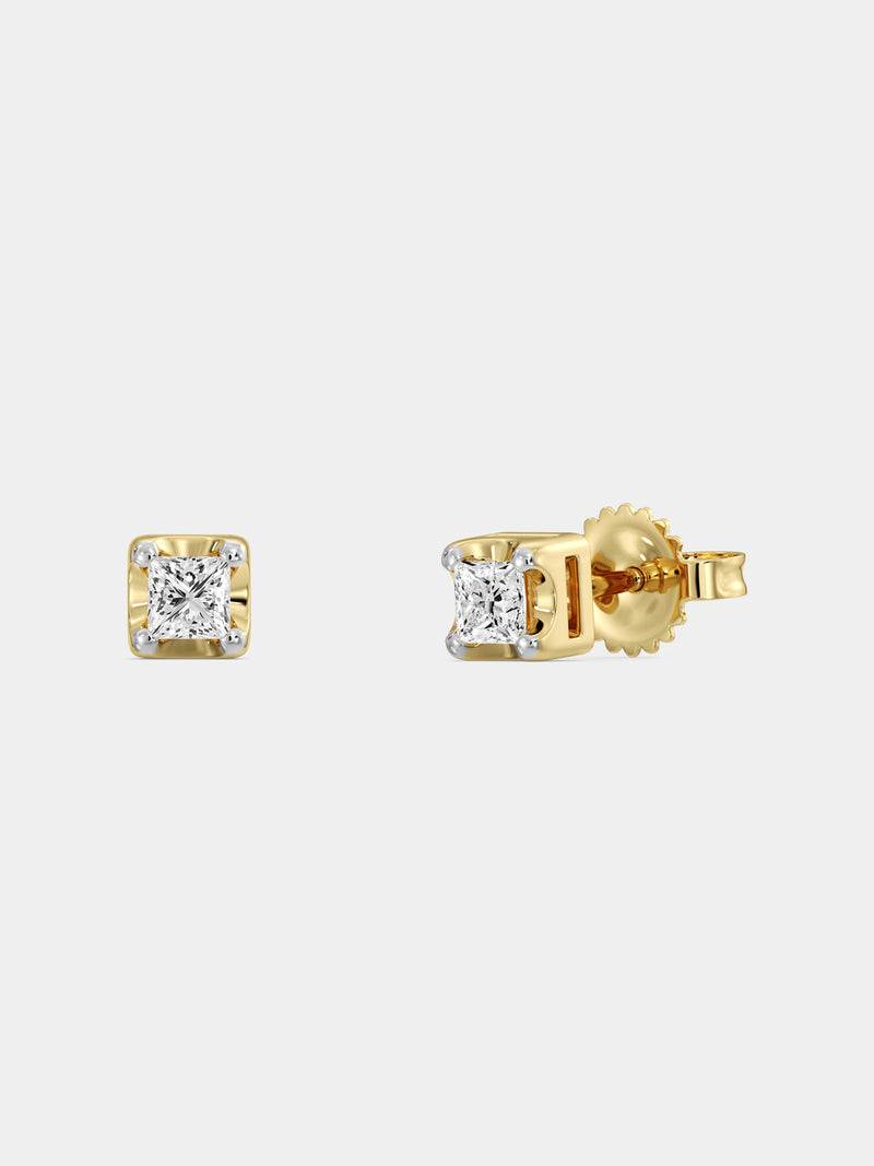 Keemti Jewels Modern Luxe Cube Stud Earrings with square-cut clear stones in four-prong settings, on white background.