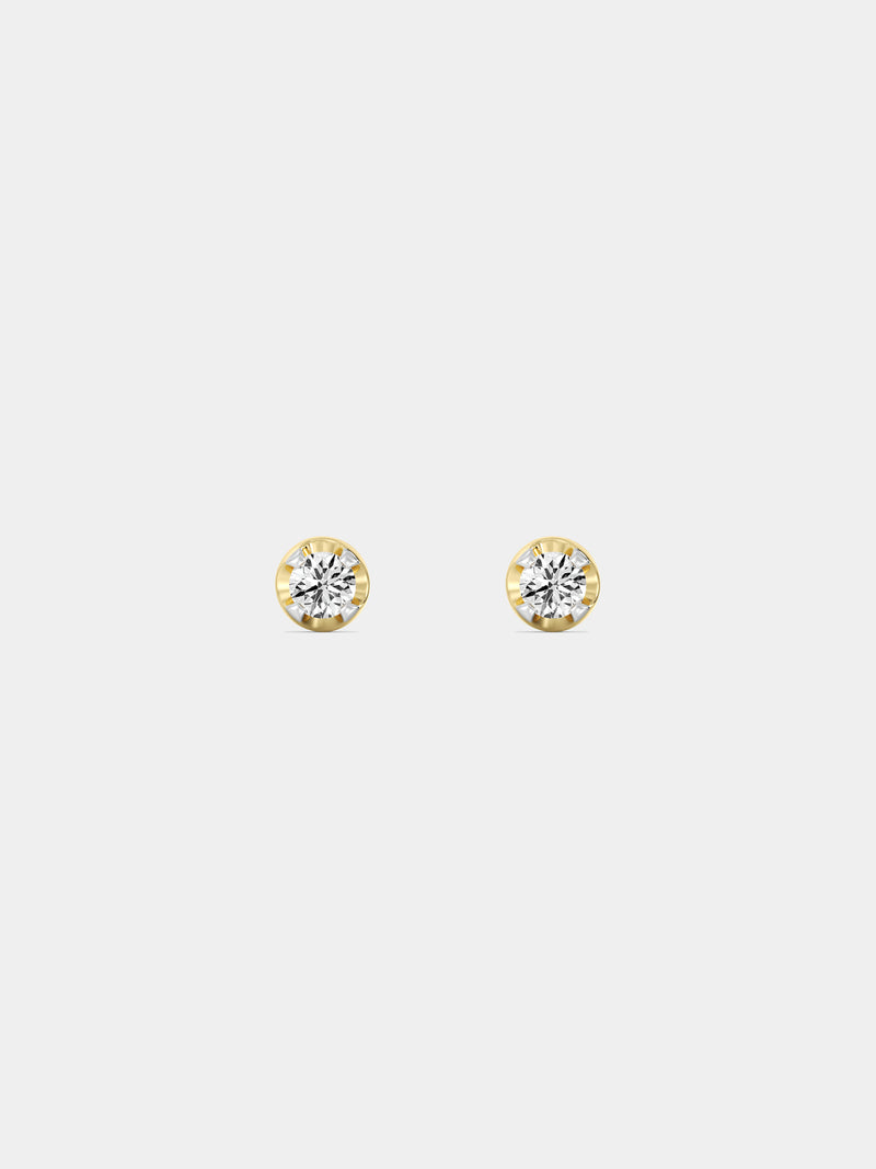 Keemti Jewels' Everyday Glow Solitaire Stud Earrings with round clear stones, shown front and side on white.