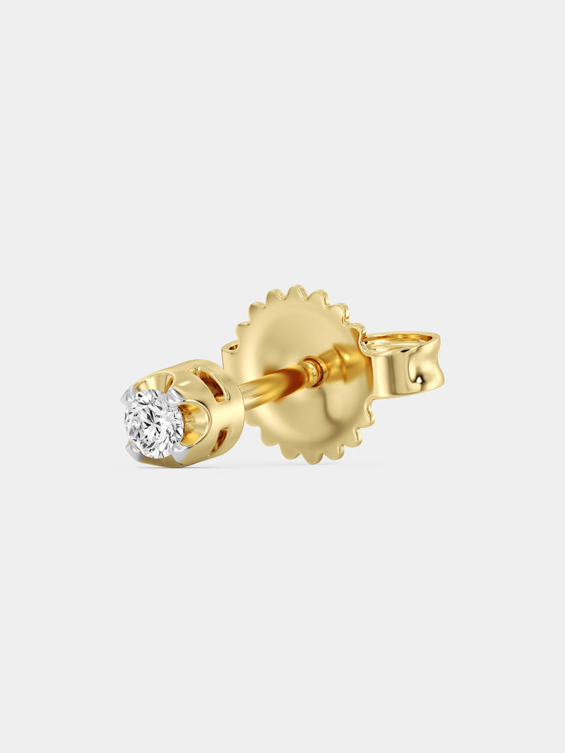 Keemti Jewels' Everyday Glow Solitaire Stud Earrings: gold, round diamond in prong setting on white background.