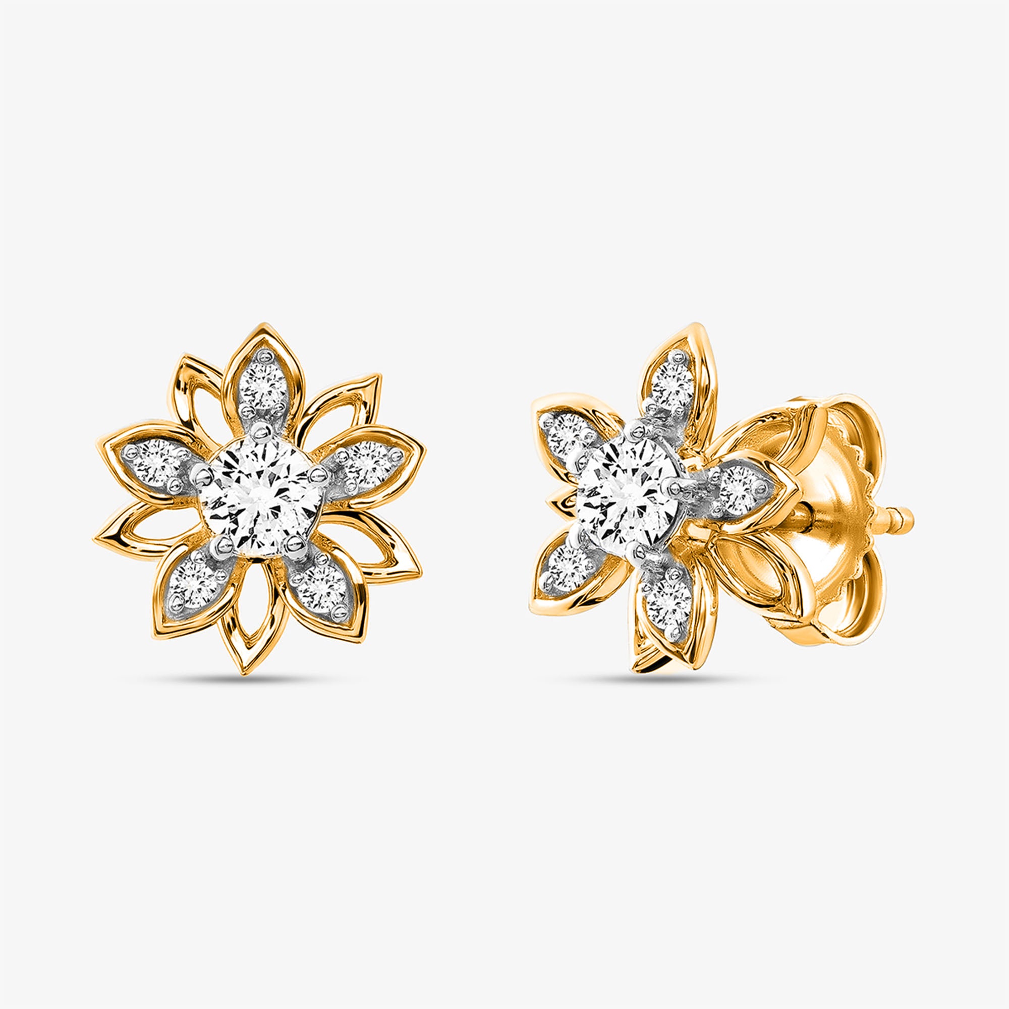 Golden Mirage Bloom Stud Earrings by Keemti Jewels with lotus motif and diamond accents on a white background.