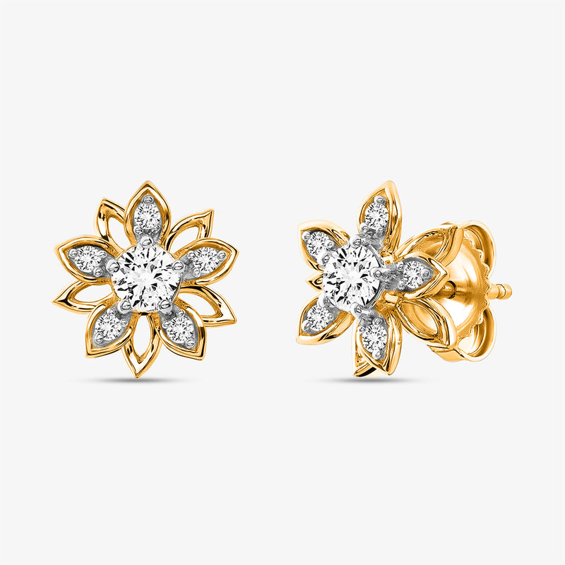 Golden Mirage Bloom Stud Earrings by Keemti Jewels with lotus motif and diamond accents on a white background.