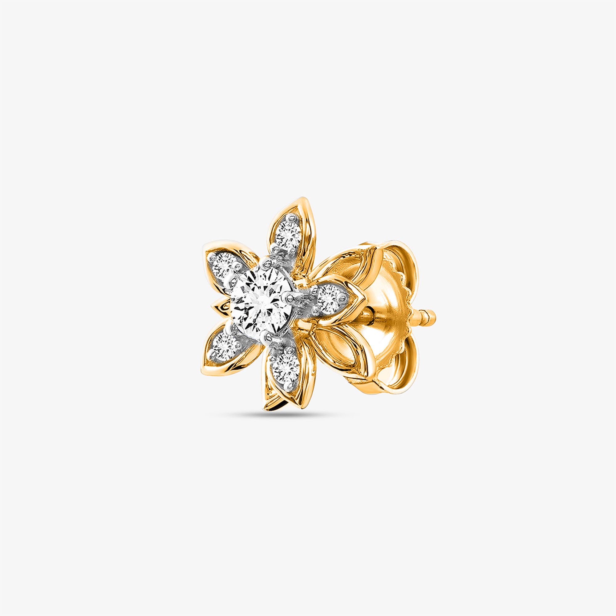 Golden Mirage Bloom Stud Earrings by Keemti Jewels, gold lotus design with diamond accents and central round diamond.