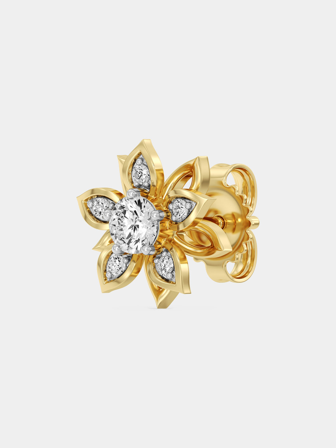 Golden Mirage Bloom Stud Earrings by Keemti Jewels with lotus motif and diamond accents on a white background.