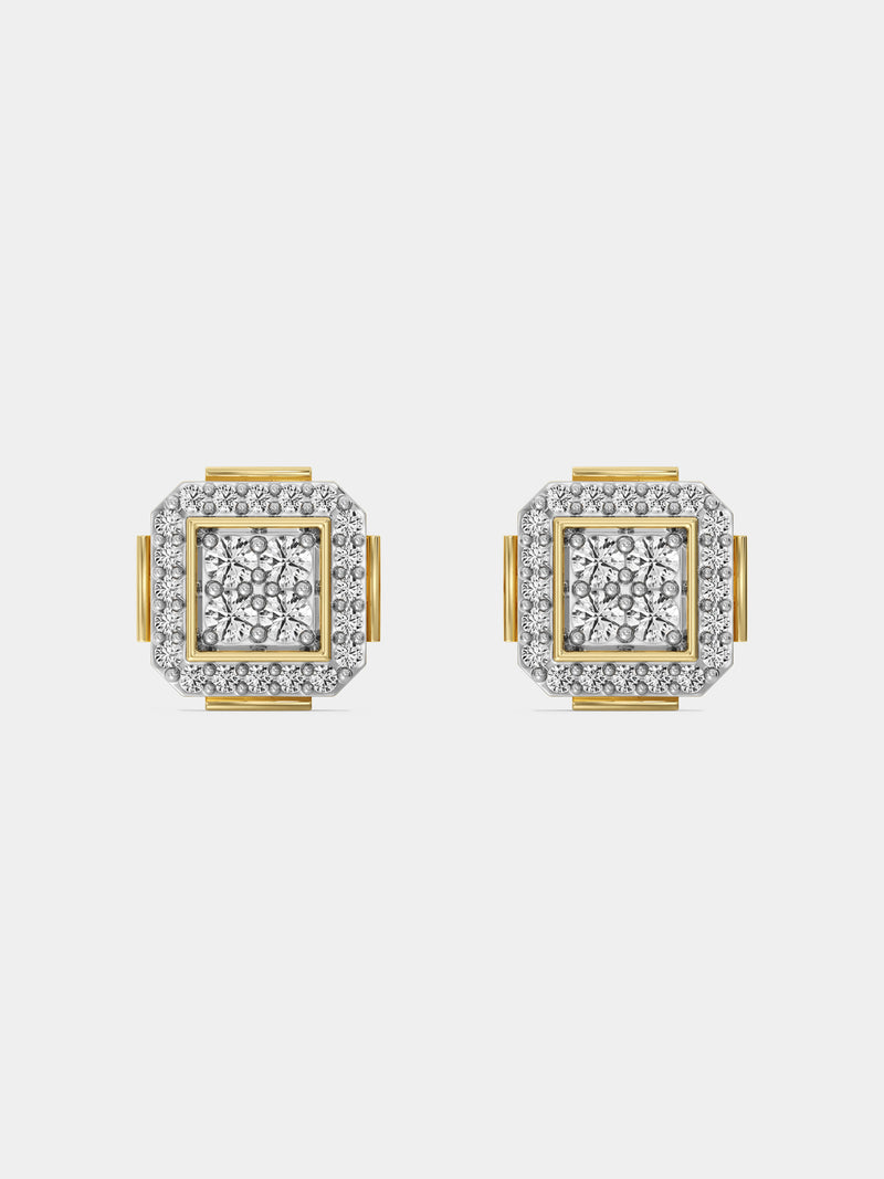 Square halo diamond stud earrings with gold-tone frame and pavé border, 0.75 ct