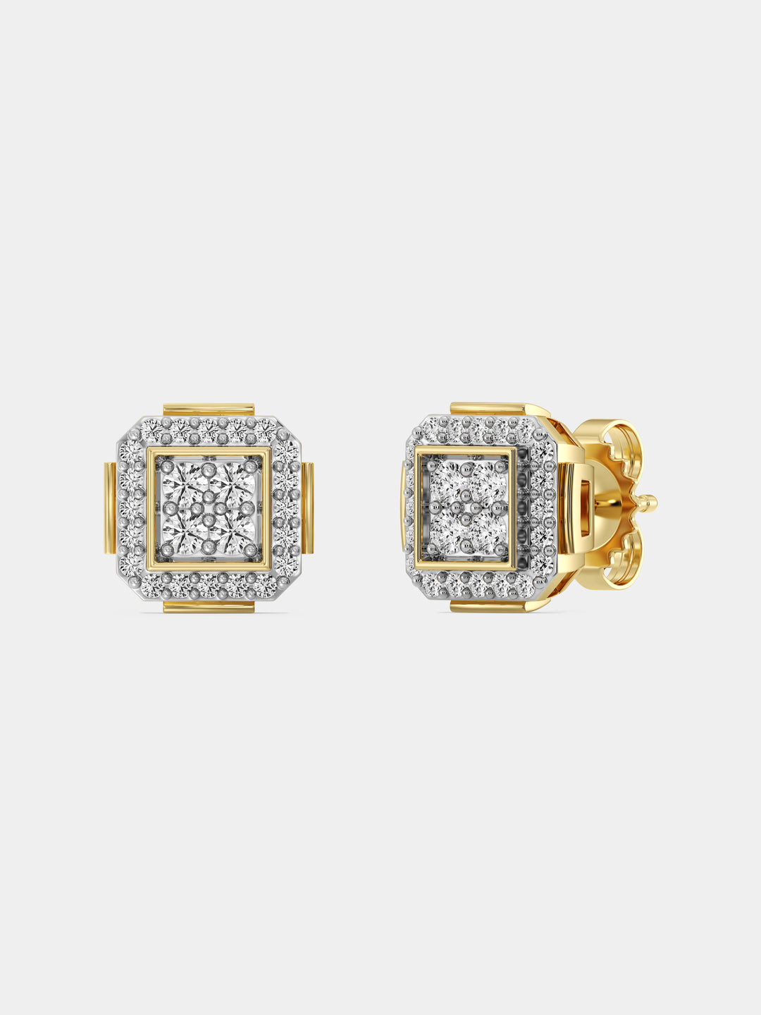 Square halo diamond stud earrings, gold-tone back detail and pavé halo edging