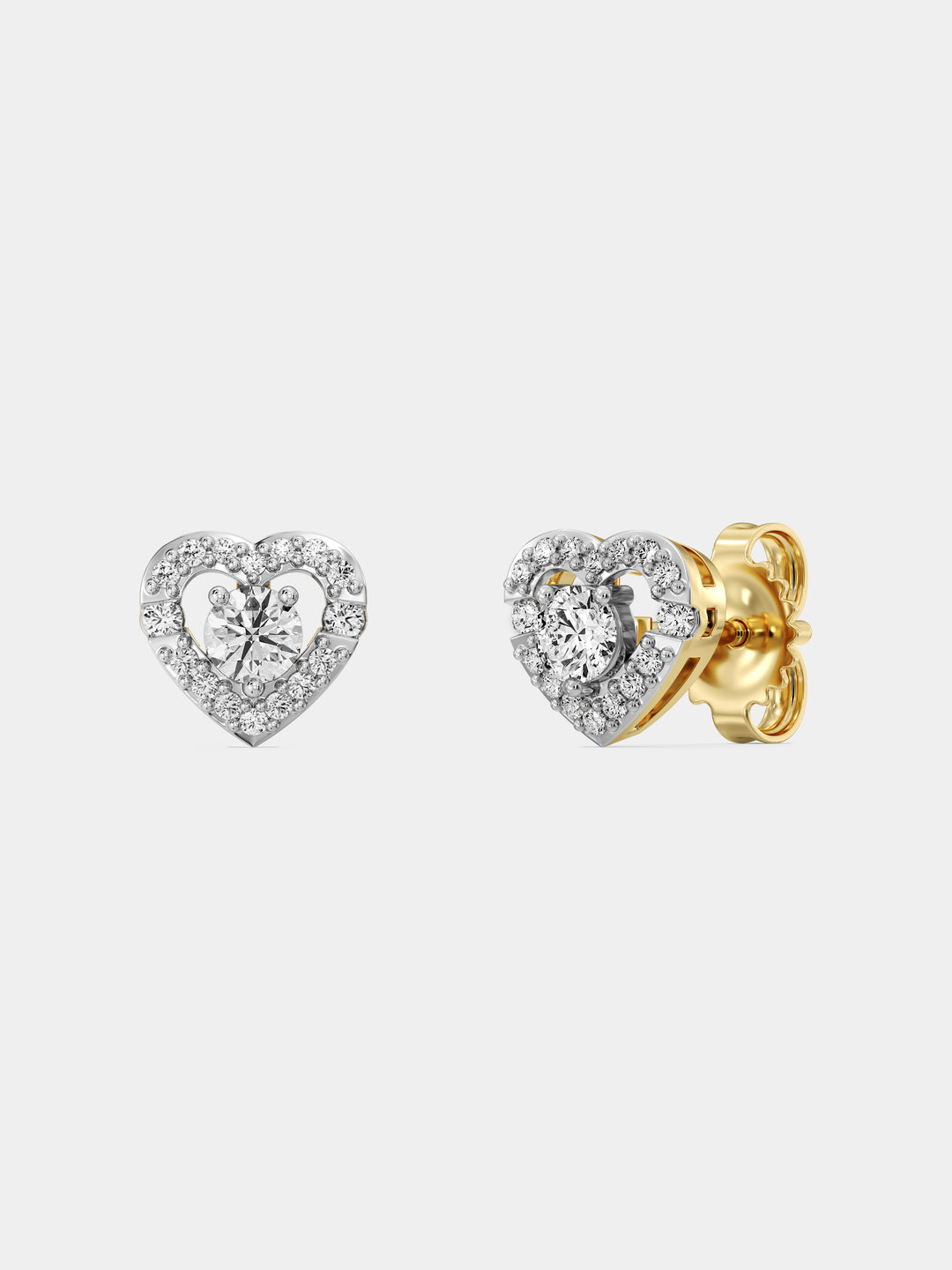 Keemti Jewels Solitaire Center Stone Heart Stud Earrings: heart studs with round center diamond and gold backs.