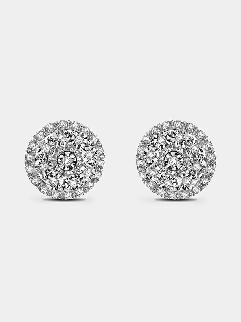 Bloom Stud Ohrringe, silberfarbene runde Fassung mit vielen funkelnden Steinen
