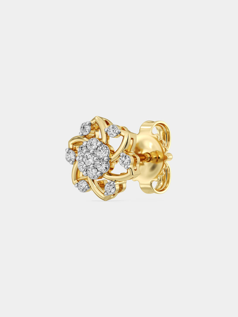 Keemti Jewels' Floral Essence Stud Earrings: elegant gold studs with sparkling diamonds in a floral design.