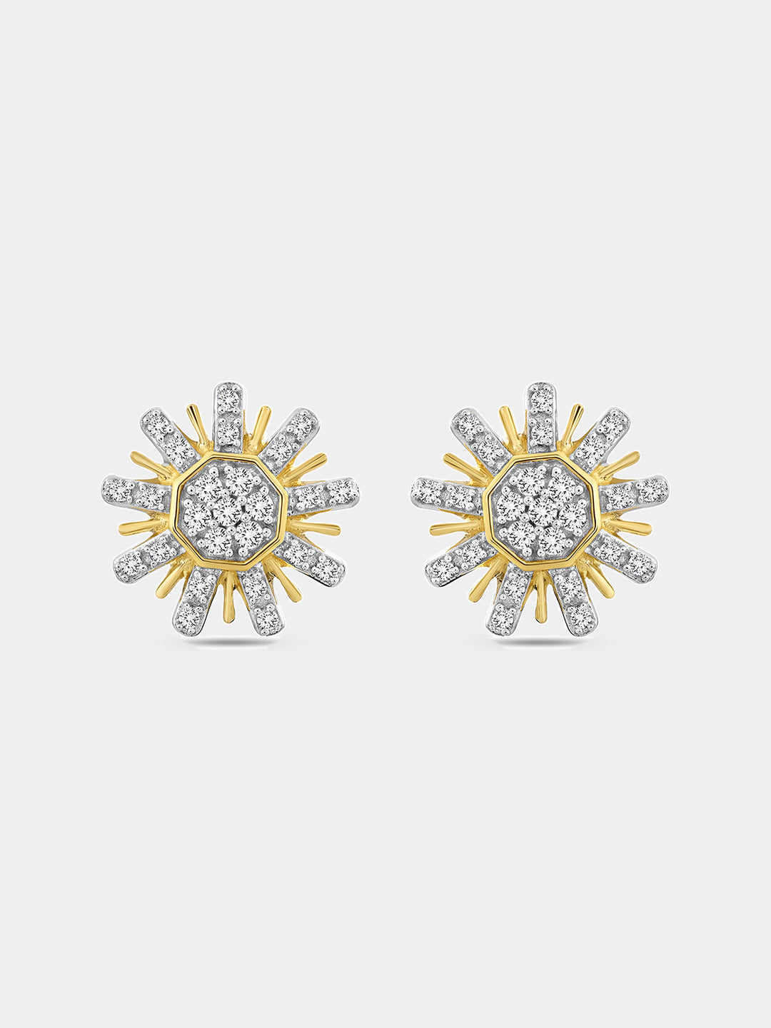 Sunburst diamond stud earrings: silver center, gold rays, pavé stones