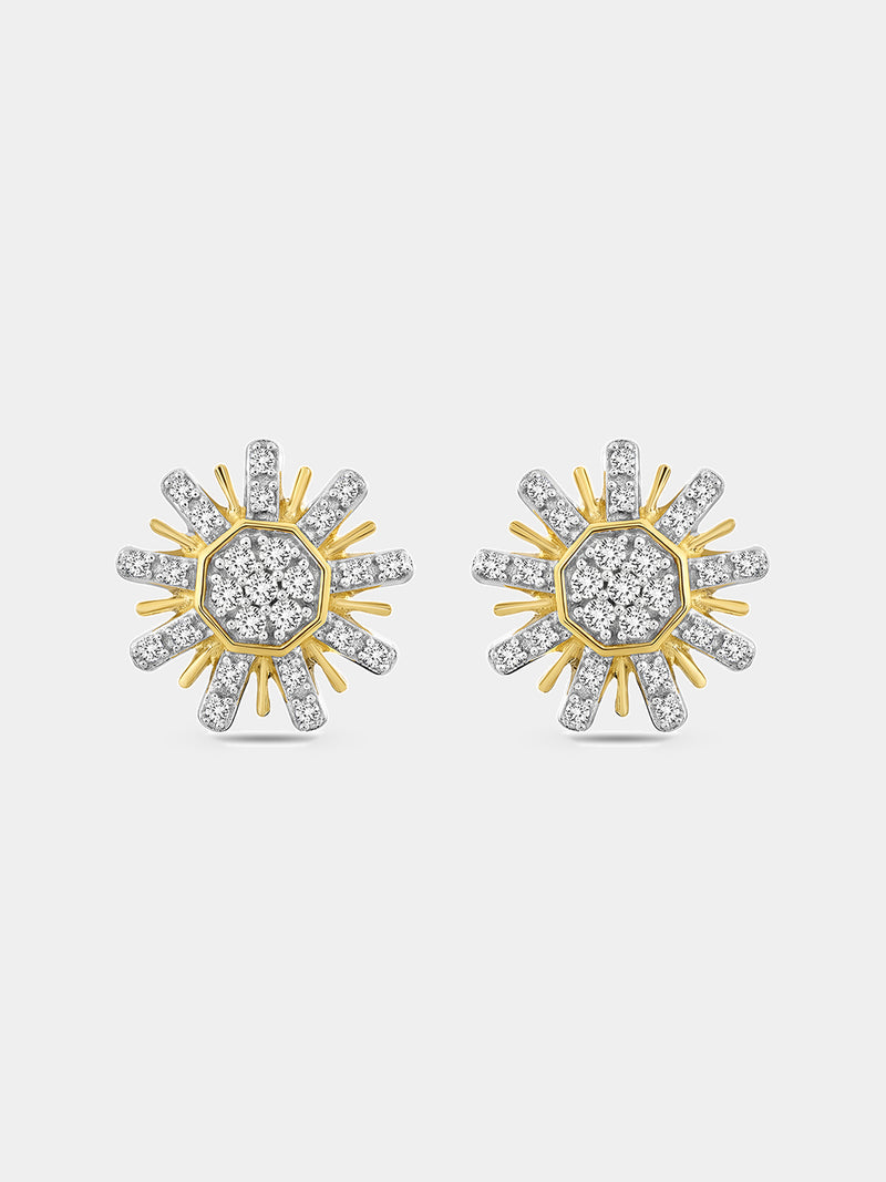 Sunburst diamond stud earrings: silver center, gold rays, pavé stones