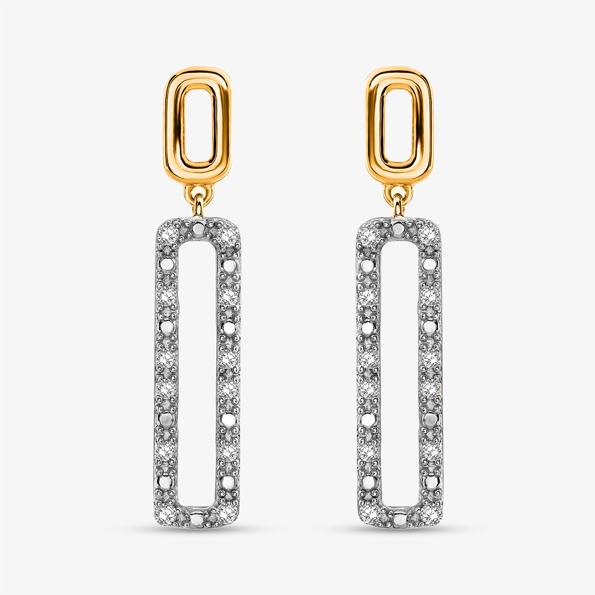 Geometric Diamond Drop Earrings by Keemti Jewels feature gold, diamonds, and open rectangular frames on white.