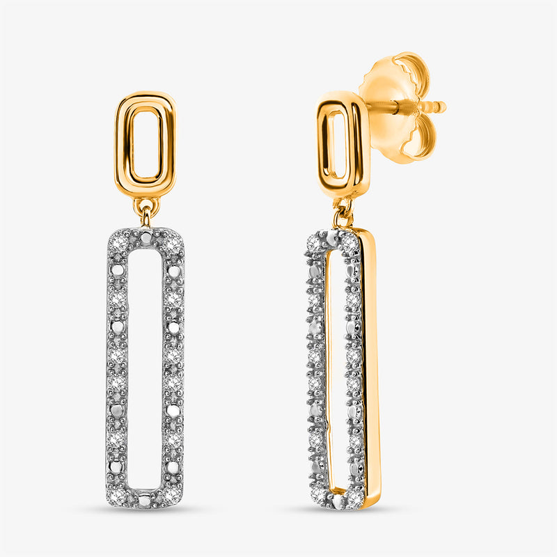 Geometric diamond drop earrings: gold top with silver pavé geometric rectangle drop