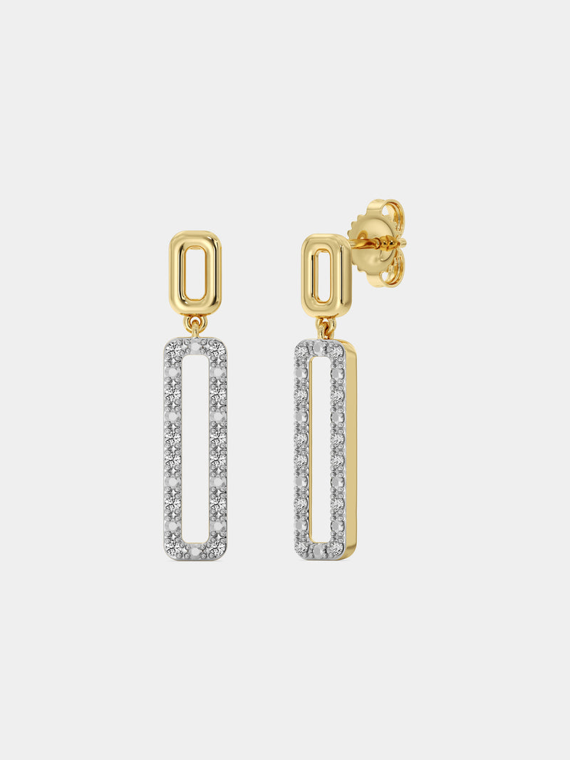 Geometric Diamond Drop Earrings by Keemti Jewels feature gold, diamonds, and open rectangular frames on white.