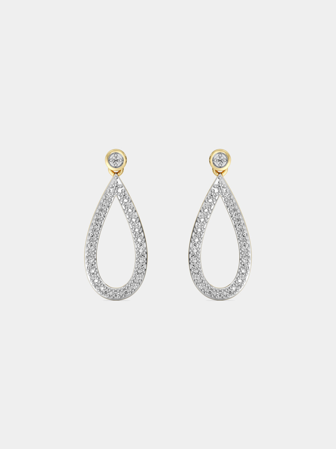 Teardrop open hoop earrings in silver tone with pavé stones, front view