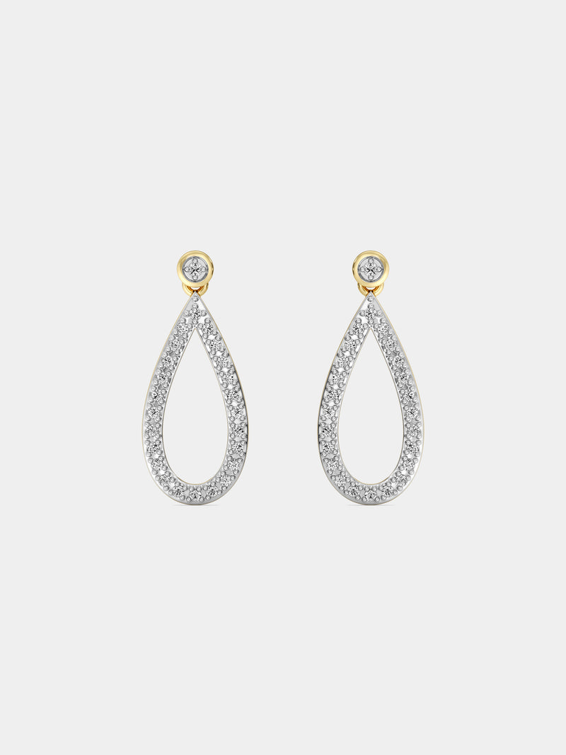 Teardrop open hoop earrings in silver tone with pavé stones, front view