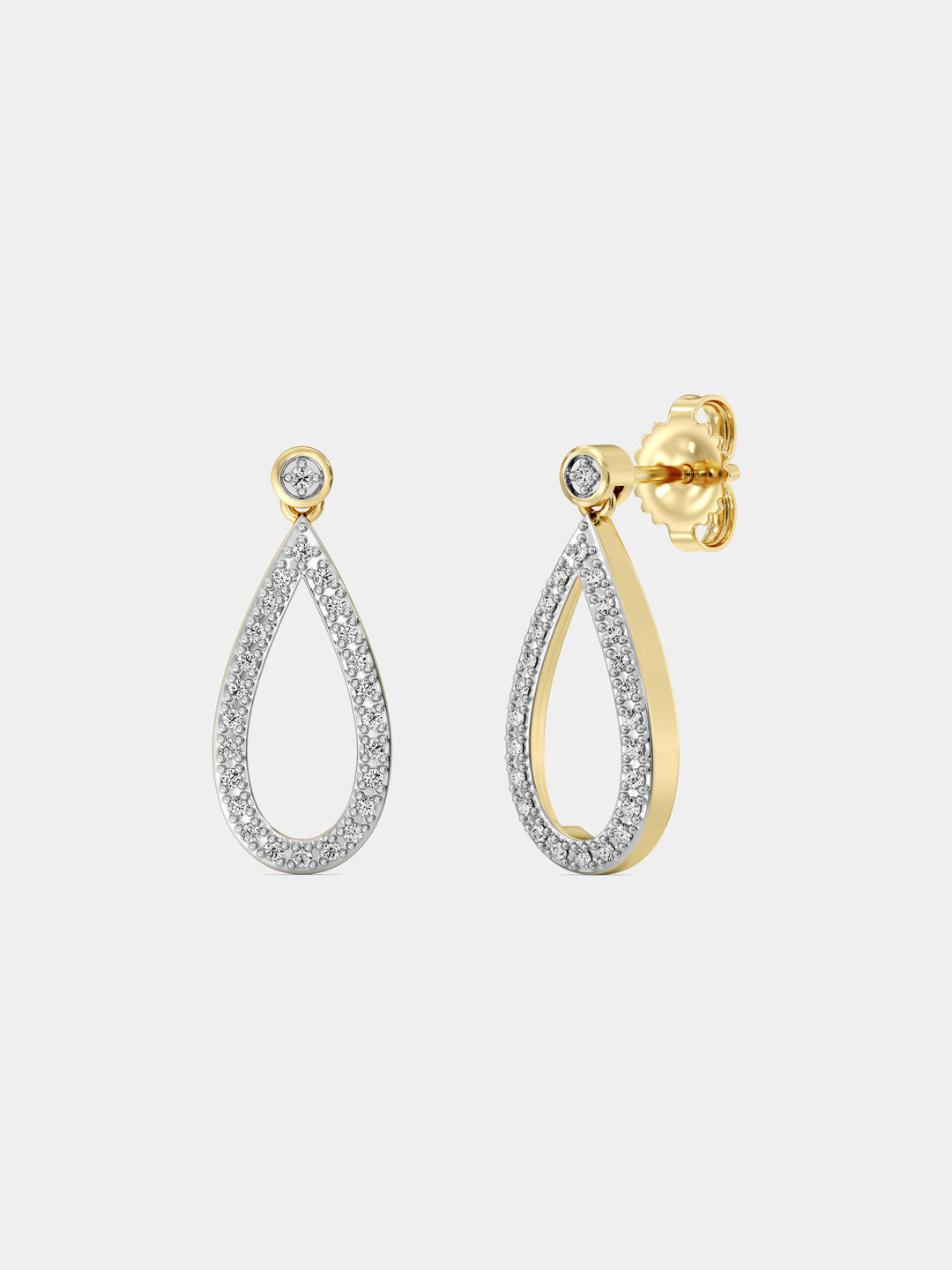 Keemti Jewels' Teardrop Open Hoop Earrings with diamond borders—shown front and side on a white background.