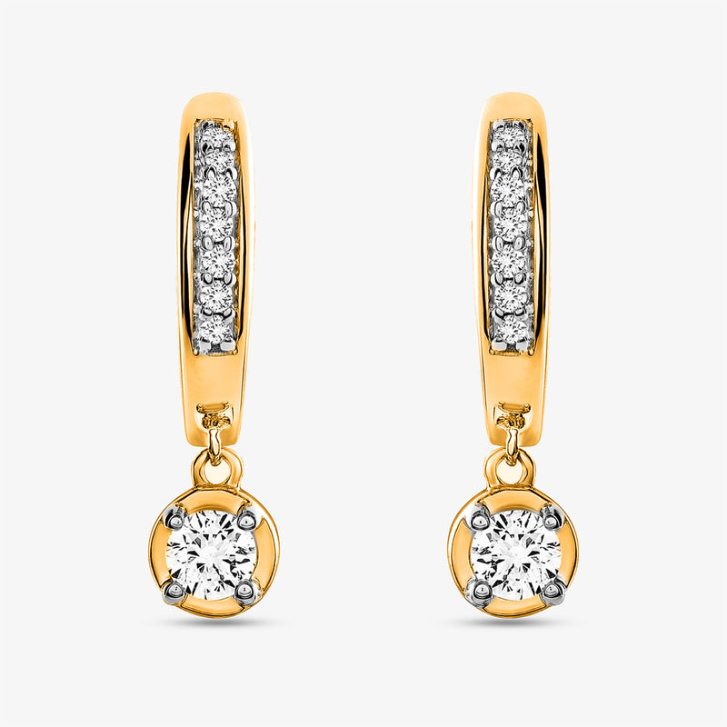 Keemti Jewels Mini Hoop Drop Earrings with pavé diamonds on hoops and a larger dangling diamond below.