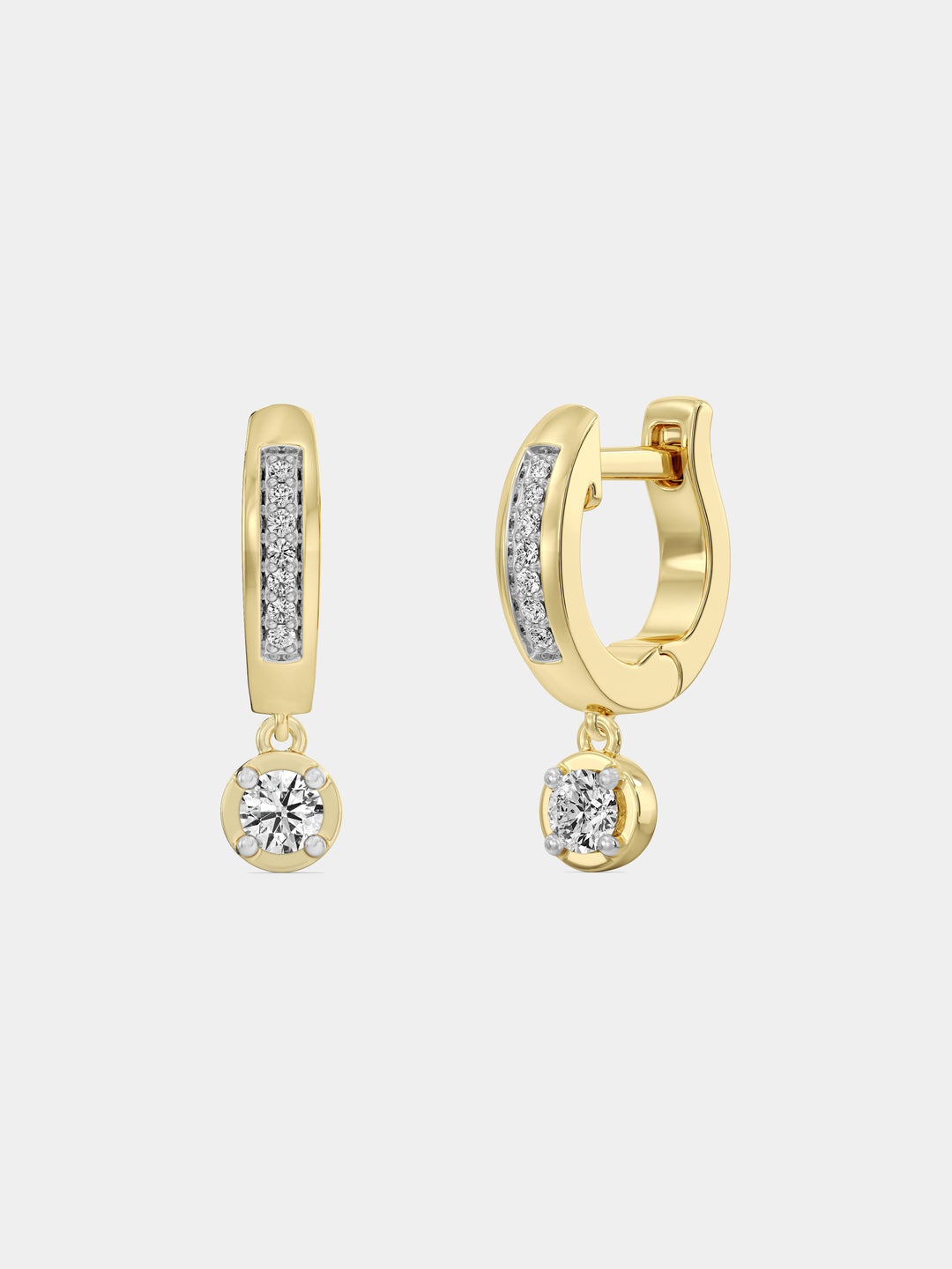 Keemti Jewels Mini Hoop Drop Earrings with pavé diamonds on hoops and a larger dangling diamond below.