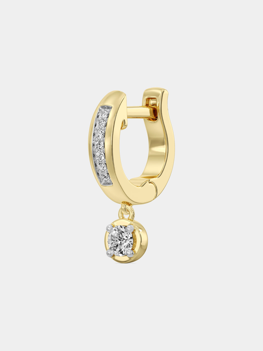 Keemti Jewels' Mini Hoop Drop Earrings: gold mini-hoops with embedded diamonds and a dangling round diamond.