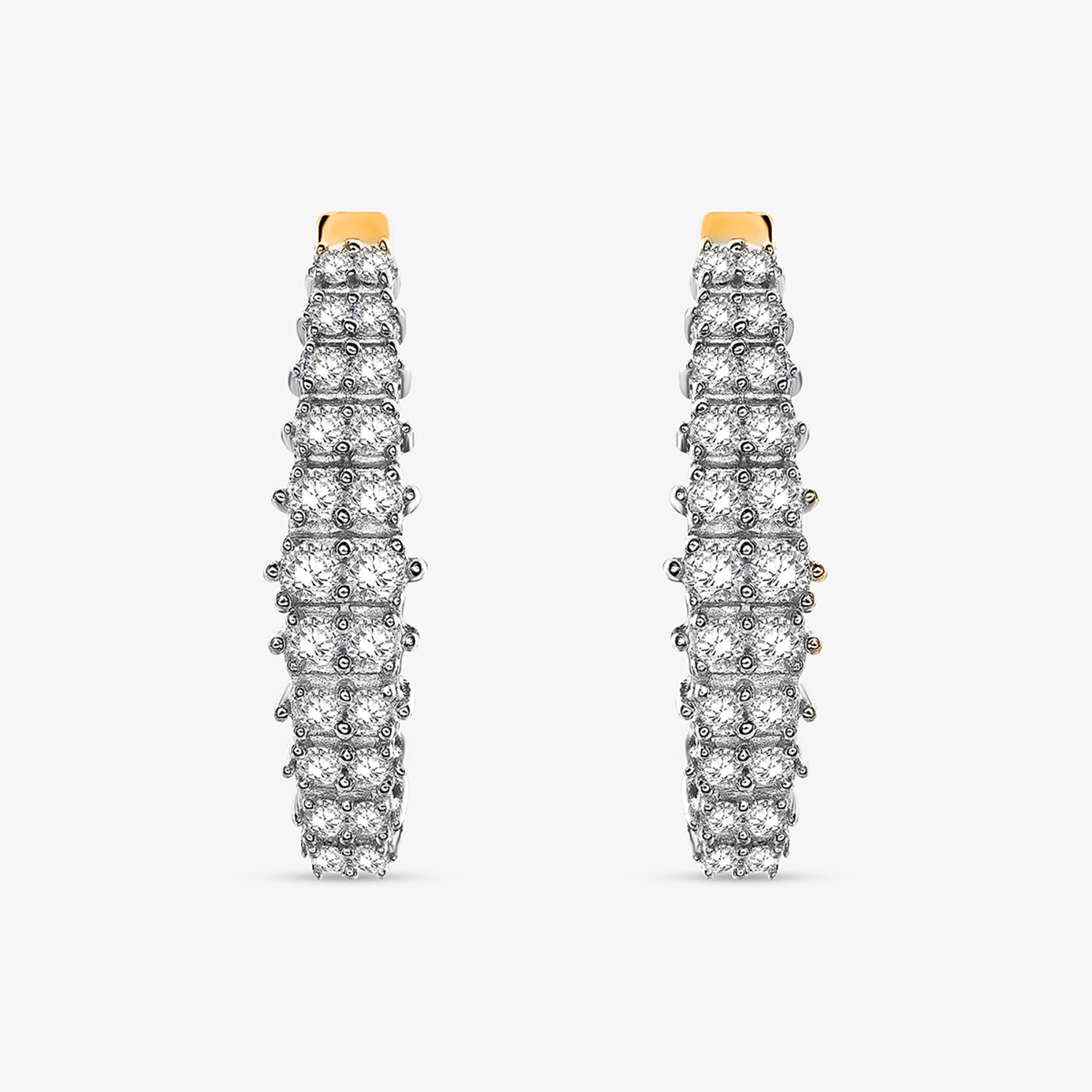 Keemti Jewels Sparkling Curved Hoop Earrings in gold, with rows of clear stones, shown from side and front angles.