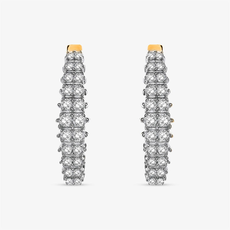 Keemti Jewels Sparkling Curved Hoop Earrings in gold, with rows of clear stones, shown from side and front angles.