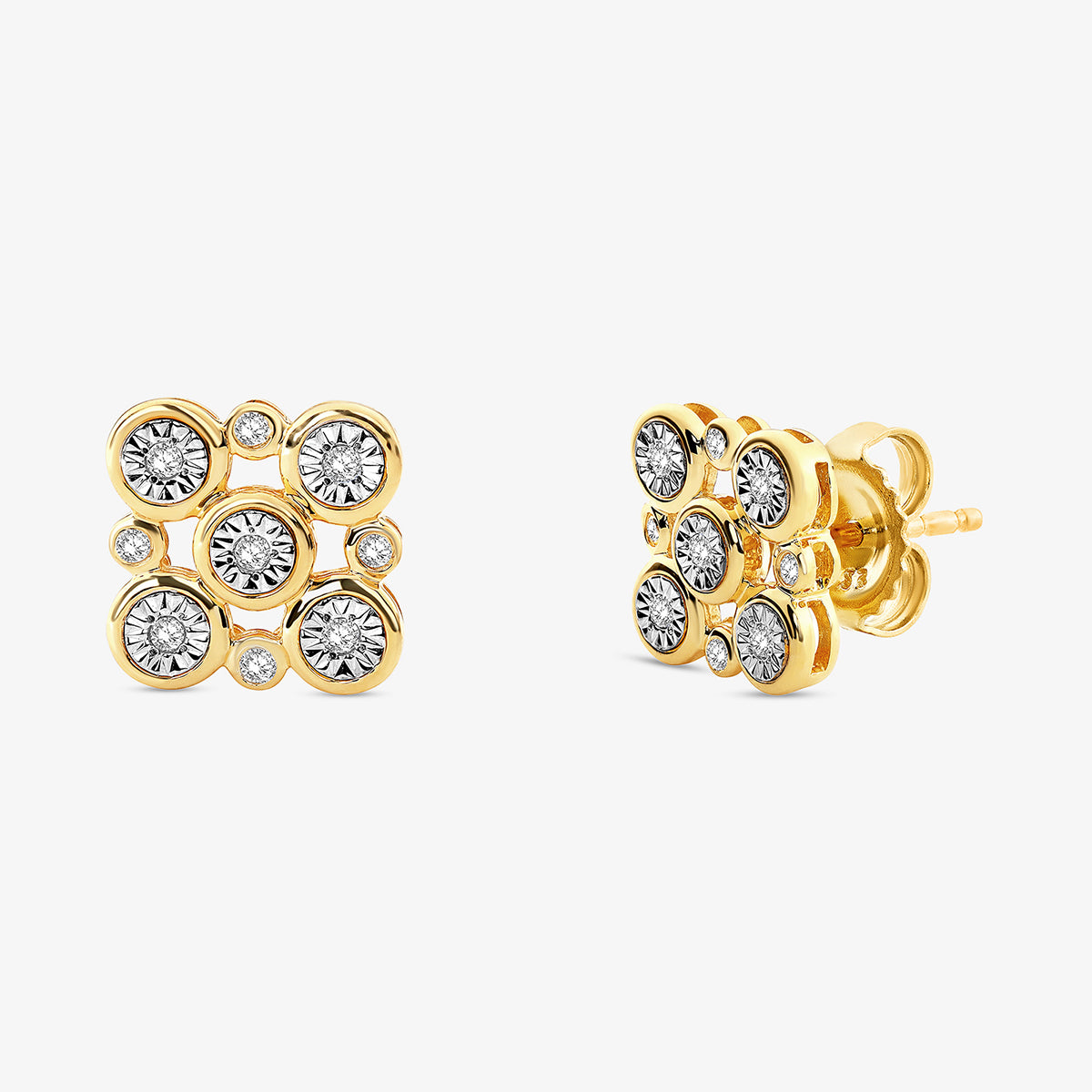 Keemti Jewels' Radiant Constellation Diamond Stud Earrings feature modern circular clusters in a square festive design.