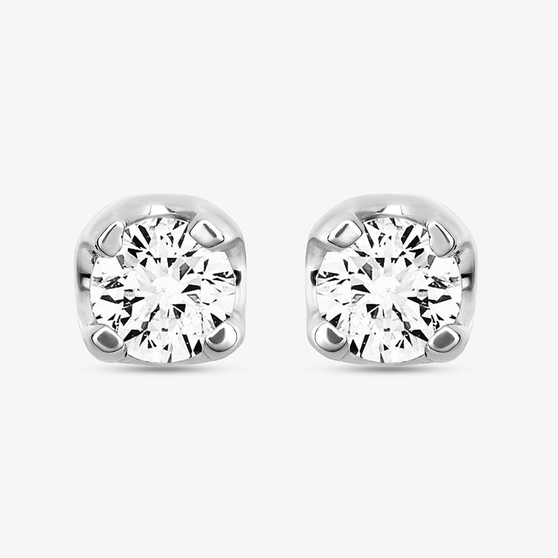 Keemti Jewels Morning Dew solitaire diamond stud earrings in white metal, round cut, front and side views shown.