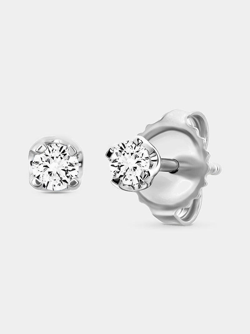 Keemti Jewels Morning Dew solitaire diamond stud earrings in white metal, round cut, front and side views shown.