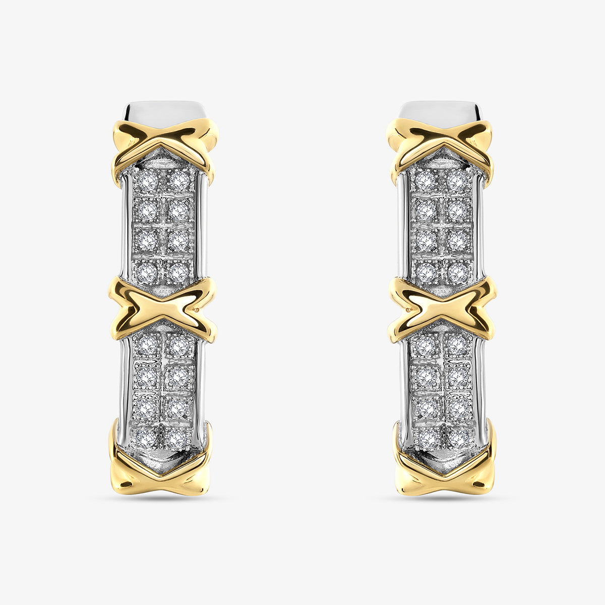Keemti Jewels Geocuff Hoop Earrings with diamond detail and criss-cross gold accents, shown on a white background.