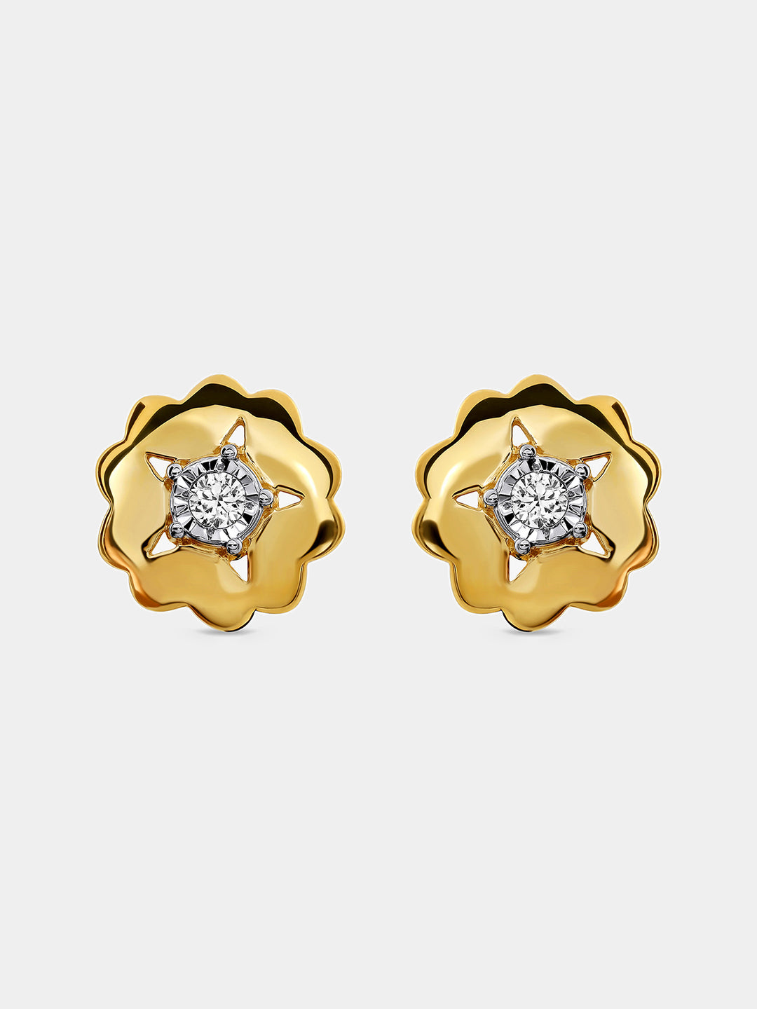 Pair of floral starburst stud earrings with round clear stones and gold-tone petals