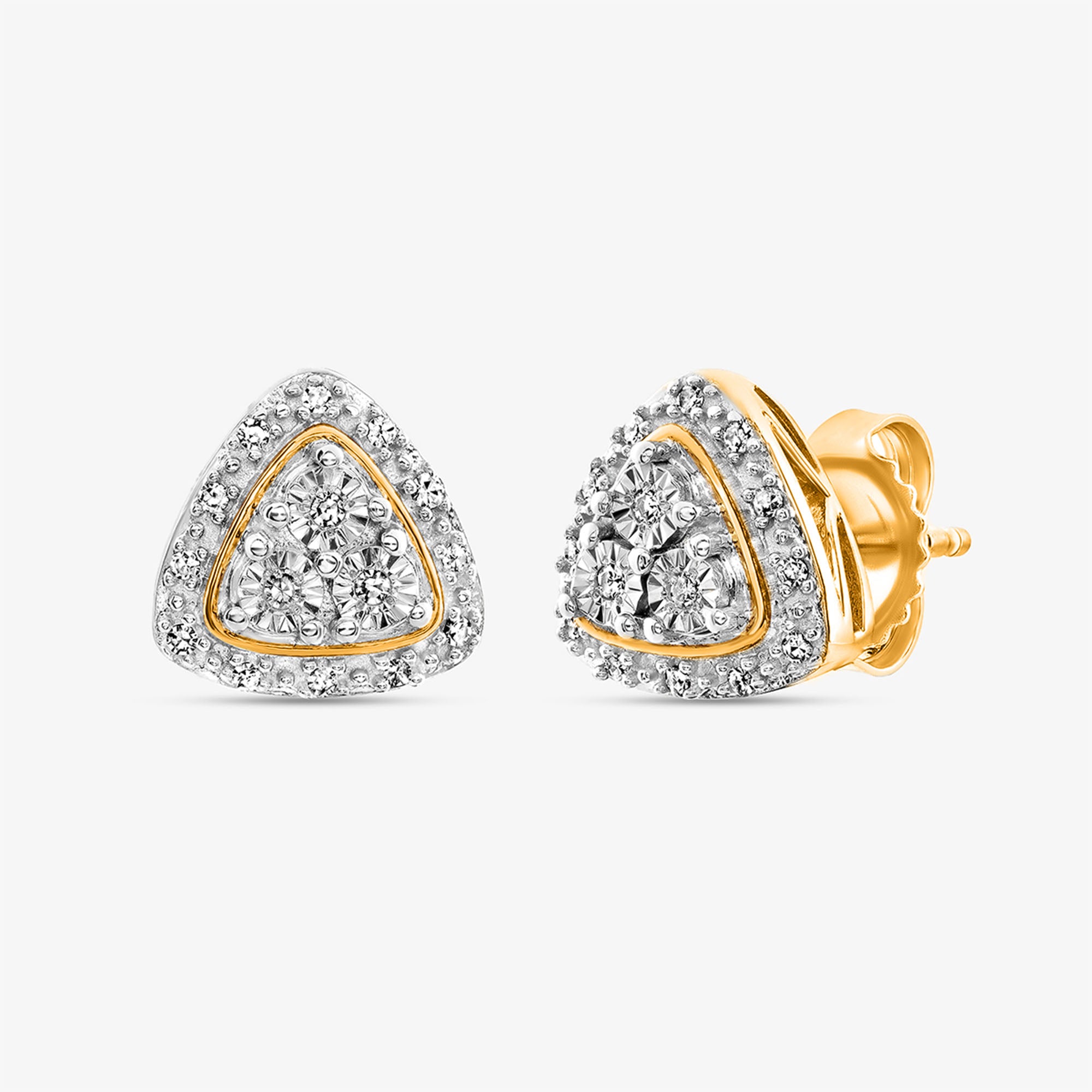 Keemti Jewels' Two-Tone Triangular Halo Stud Earrings shine with a diamond center and radiant gold rim.