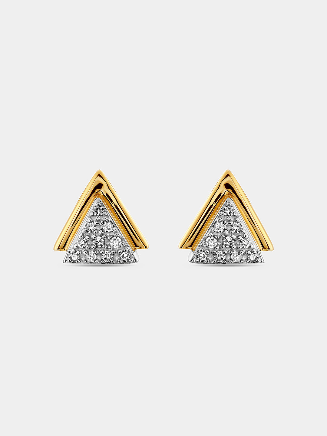 Dual-tone triangle spark stud earrings, gold outer frame with silver pavé triangle