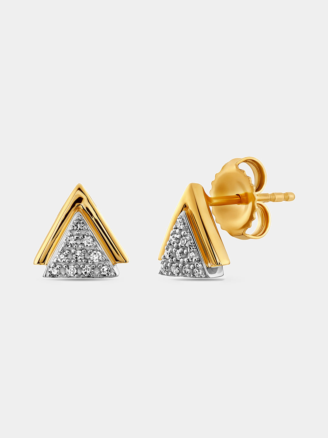 Set of dual-tone triangle spark stud earrings: gold trim over silver pavé triangle