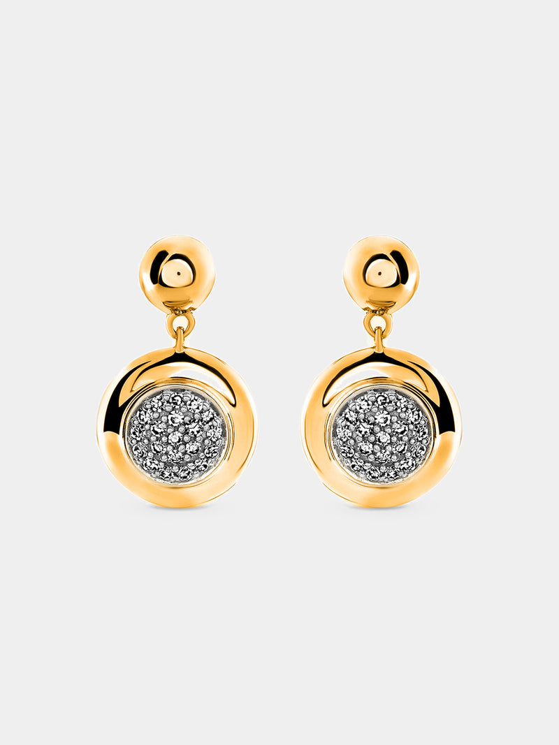 Diamond disc drop earrings in 925 silver, round pavé center disc