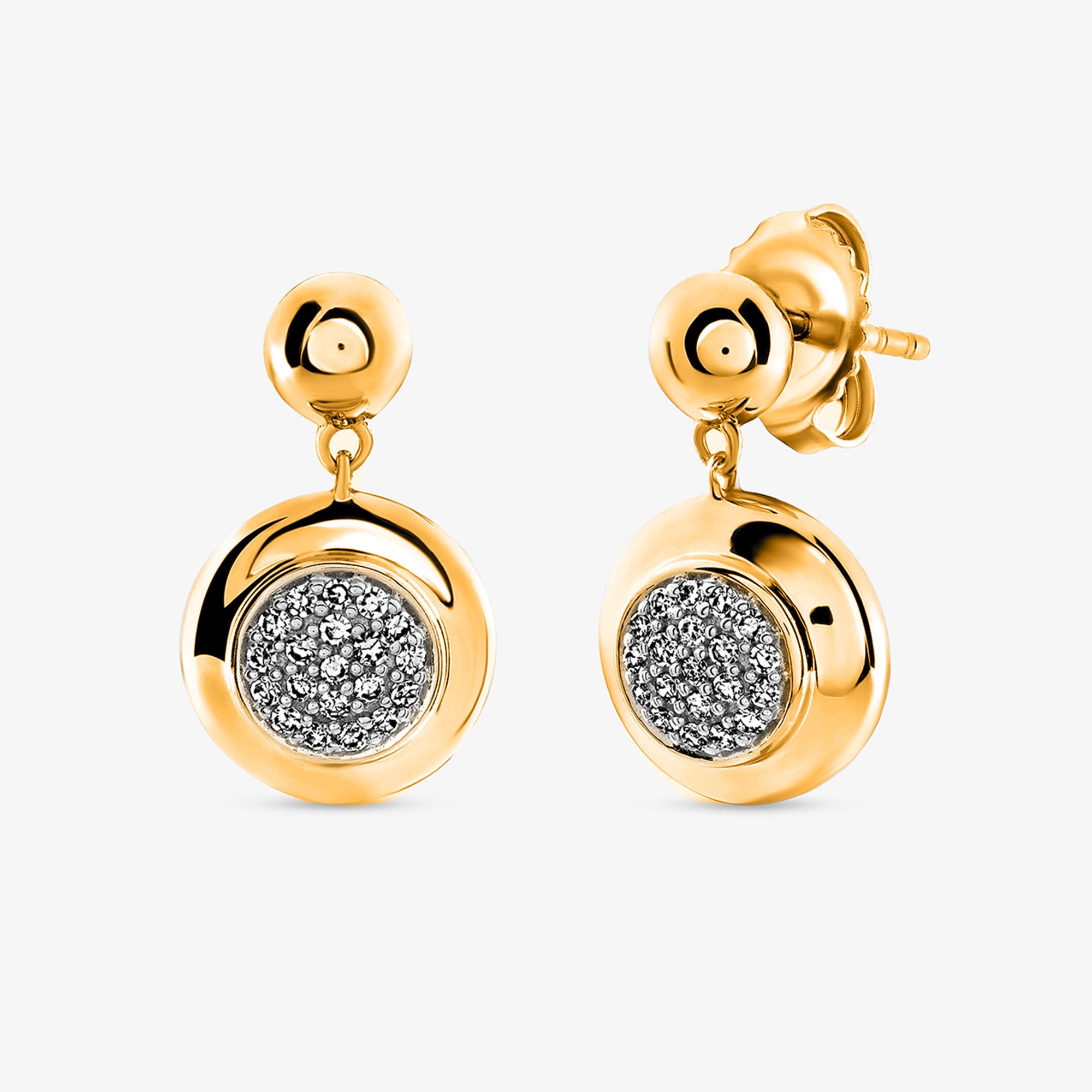 Diamond Disc Drop Earrings by Keemti Jewels feature chic sparkle with crystal-studded gold centers in a versatile design.