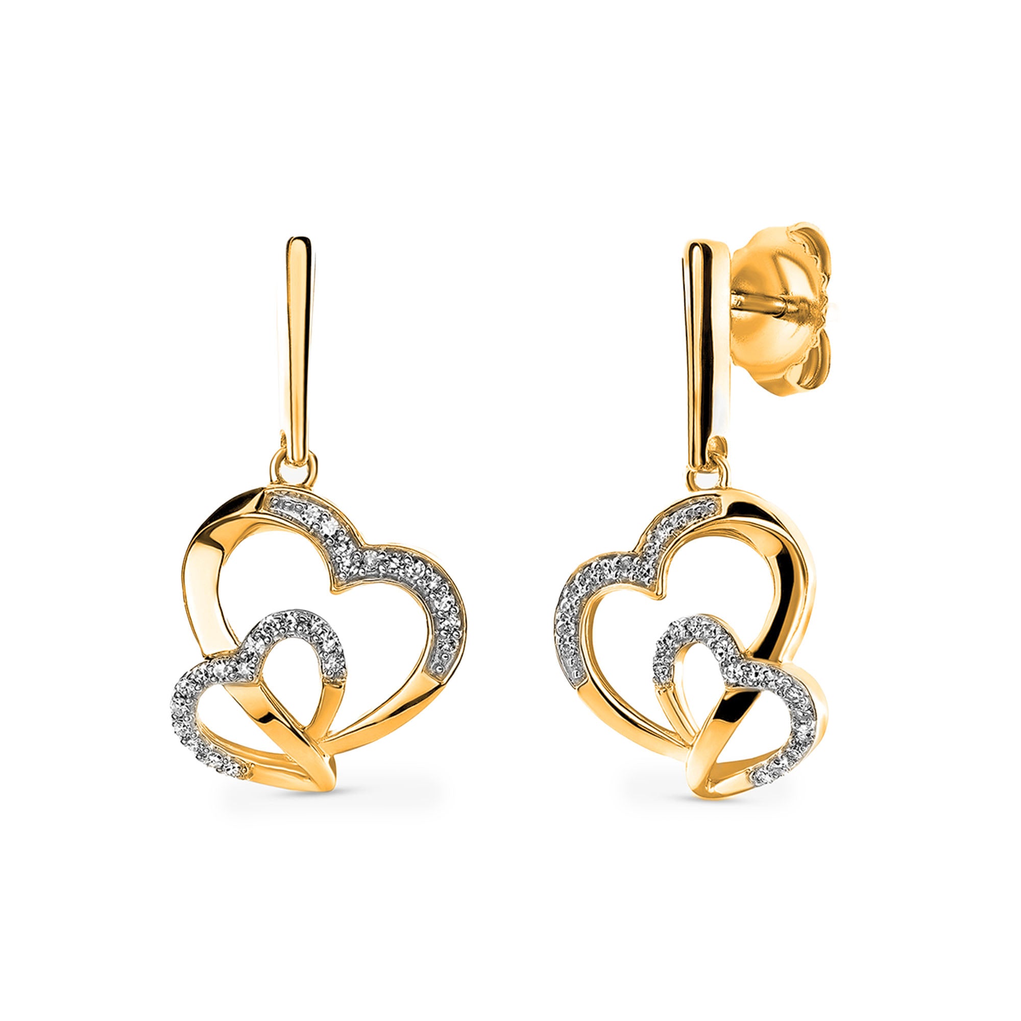 Keemti Jewels Tangled In Love Heart Earrings: gold interlocking hearts with diamond accents on a white background.
